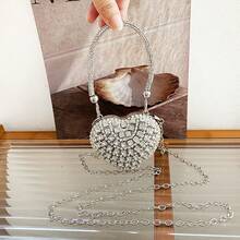 Luxury Mini Rhinestone Inlay Heart Shape Crystal Clutch Purse Stones Evening Wedding Party Shoulder Bags Handle Rhinestone Handbags ,Wedding , Wedding - Silver - View 9