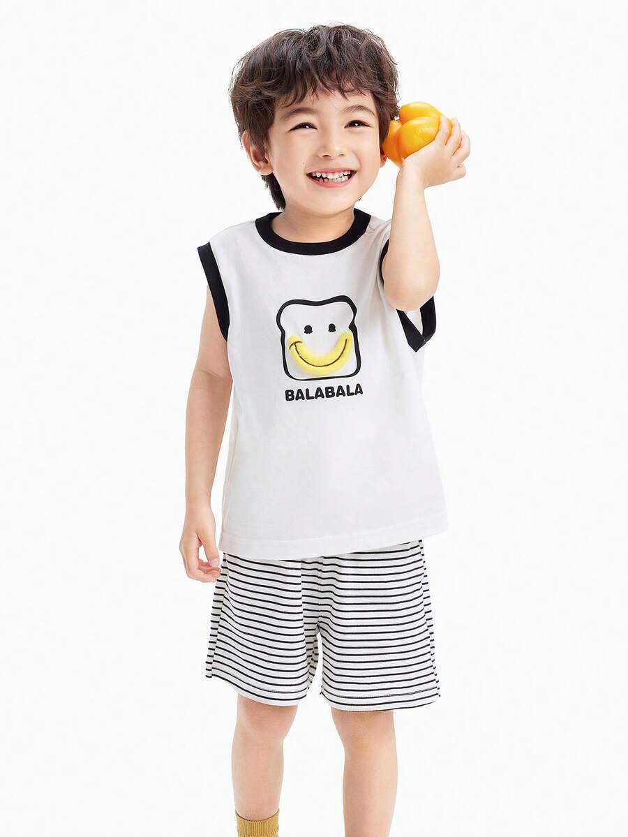Balabala Young Boys Short Sleeve Set Quick-Dry T-Shirt Summer Children's Two Pieces Set 2025 New - White and Black - View 1