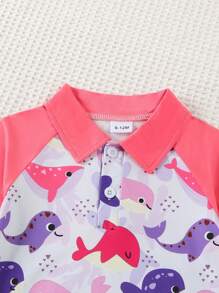 Baby GirlSummer Short Sleeve Lapel Patchwork Whale Print Soft Romper