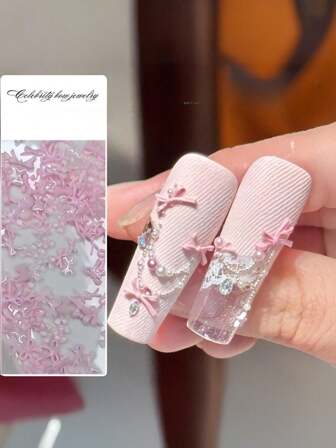 50 Mixed Pink Bow Nail Accessories For Girls, Mini Bowknot And Ribbon Diy Wearing Armor Accessories Nail Supplies Nails Nail Charms Nail Gems