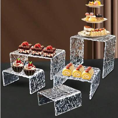 Juego de 3 o 5 piezas Soporte de exhibición en forma de U de acrílico transparente para postres y pasteles, soporte de exhibición de pasteles con decoración de ondas de agua