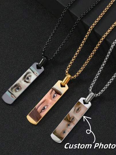 1 pieza Collar personalizado con foto de ojos de pareja, collar con colgante de foto de ojos y nombre grabado con láser, collar de pareja con letra personalizada grabada con láser, collar de foto cuadrado de acero inoxidable con perla para hombre, regalo de pareja, regalo para novio, novia