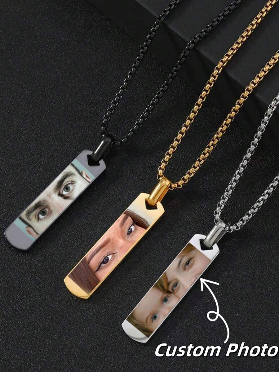 1pc Customized Couples Eye Photo Necklace, Laser Engraved Eye Photo And Name Pendant Necklace, Customized Laser Letter Couples Necklace, Stainless Steel Square Pearl Men's Photo Necklace, Couples Gift, Gift For Boyfriend, Girlfriend - Color Photo Necklace - View 1