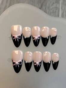 10 szt. ręcznie robionych francuskich migdałowych paznokci do manicure, ręcznie malowana kokardka w kolorze czarno-różowym, świeży manicure, delikatne, wysokiej jakości francuskie, pełne krycie, sztuczne paznokcie, dociskane paznokcie, artykuły do paznokci, paznokcie