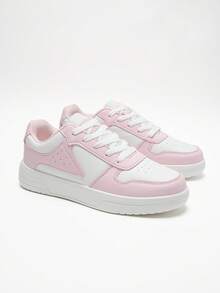 DareSee Vårmode minimalistiska klassiska runda tå casual sportsneakers, rosa och vita, snörning med tjock sula casual sportskor, lämpliga för studenter, skateboardåkning, campus och sport, bekväma andningsbara musikfest Y2K-fest tillbaka till skolan höst jul jul vinter julklappar - Babyrosa - Visa 9