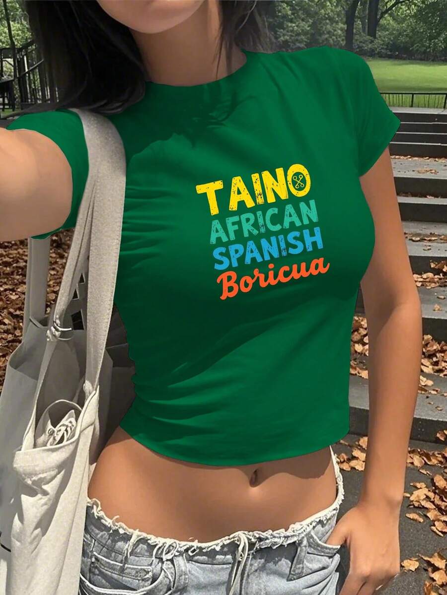 Taino African Spanish Boricua Typography Women's Fashion Short T-Shirt - Green - View 1