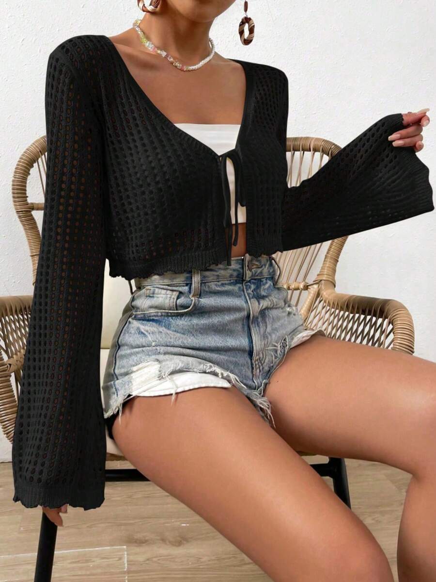 Plus Size Solid Color Short Hollow-Out Knitted Cardigan Black - Black - View 1