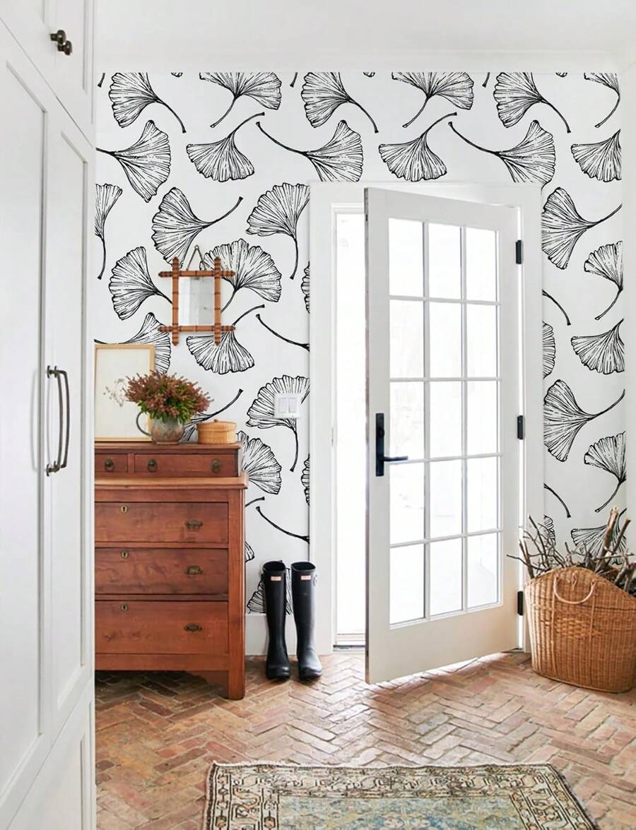 CiCiwind Black And White Peel And Stick Wallpaper Removable Self-Adhesive Wall Paper For Bedroom Bathroom Ginkgo Leaves Contact Paper Modern For Living Room 17.3In*118In - White and Blue - View 1