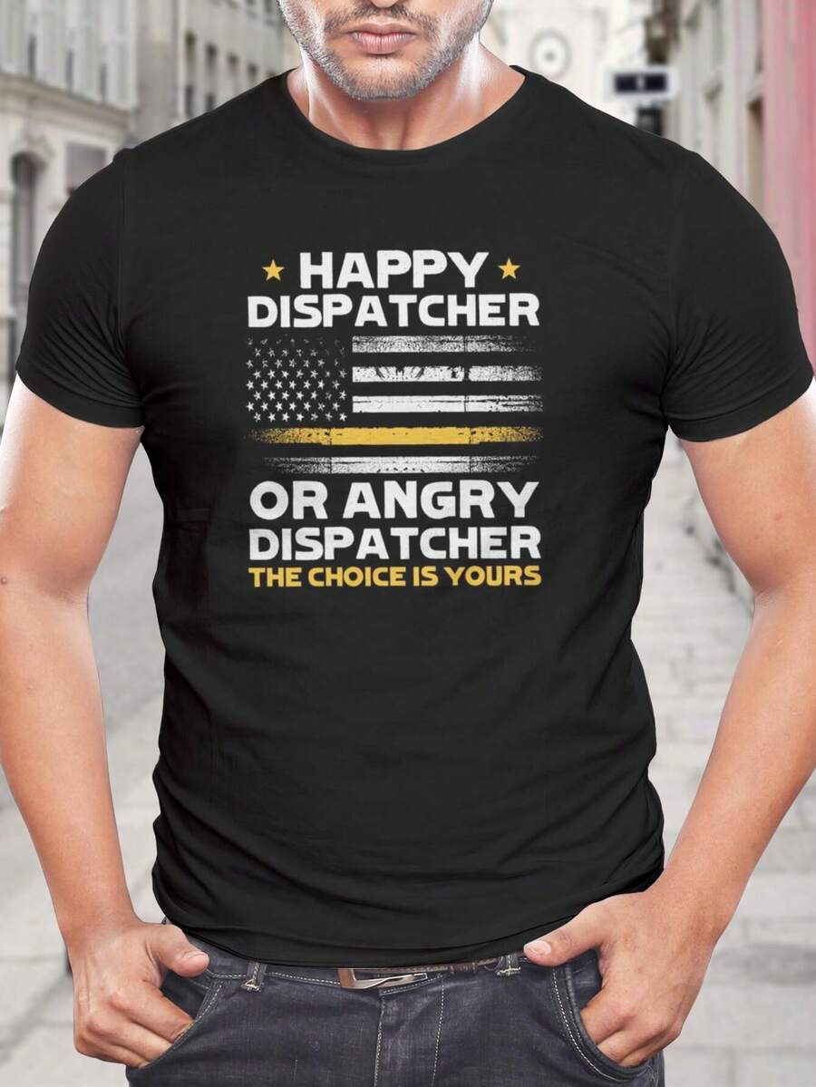 Camiseta de Despachador Feliz o Enojado - Camiseta con Bandera de Línea Amarilla Delgada - Algodón Premium de Manga Corta - Regalo para la Semana del Despacho - Camiseta de Despachador de Policía para Hombres - Negro - Ver 1