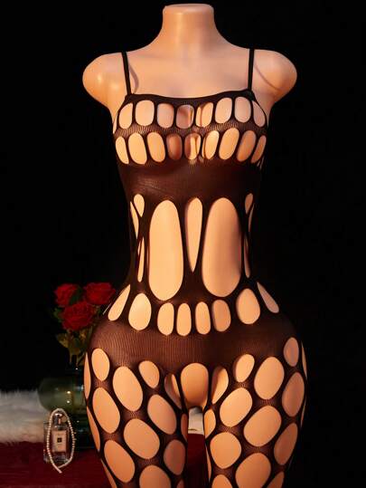 Women's Sexy Lingerie Set, Solid Color Spaghetti Strap Hollow-Out See Through Crotchless High Elasticity Seamless Bodystocking