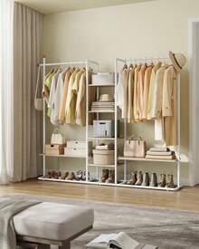 Clothes Rail, Clothes Rack With Shoe Shelf, Heavy-Duty Storage Rack, 6 Storage Shelves, 2 Hanging Rails, Matchstick-Shaped Hooks, Natural Beige And Matte White - White - View 1