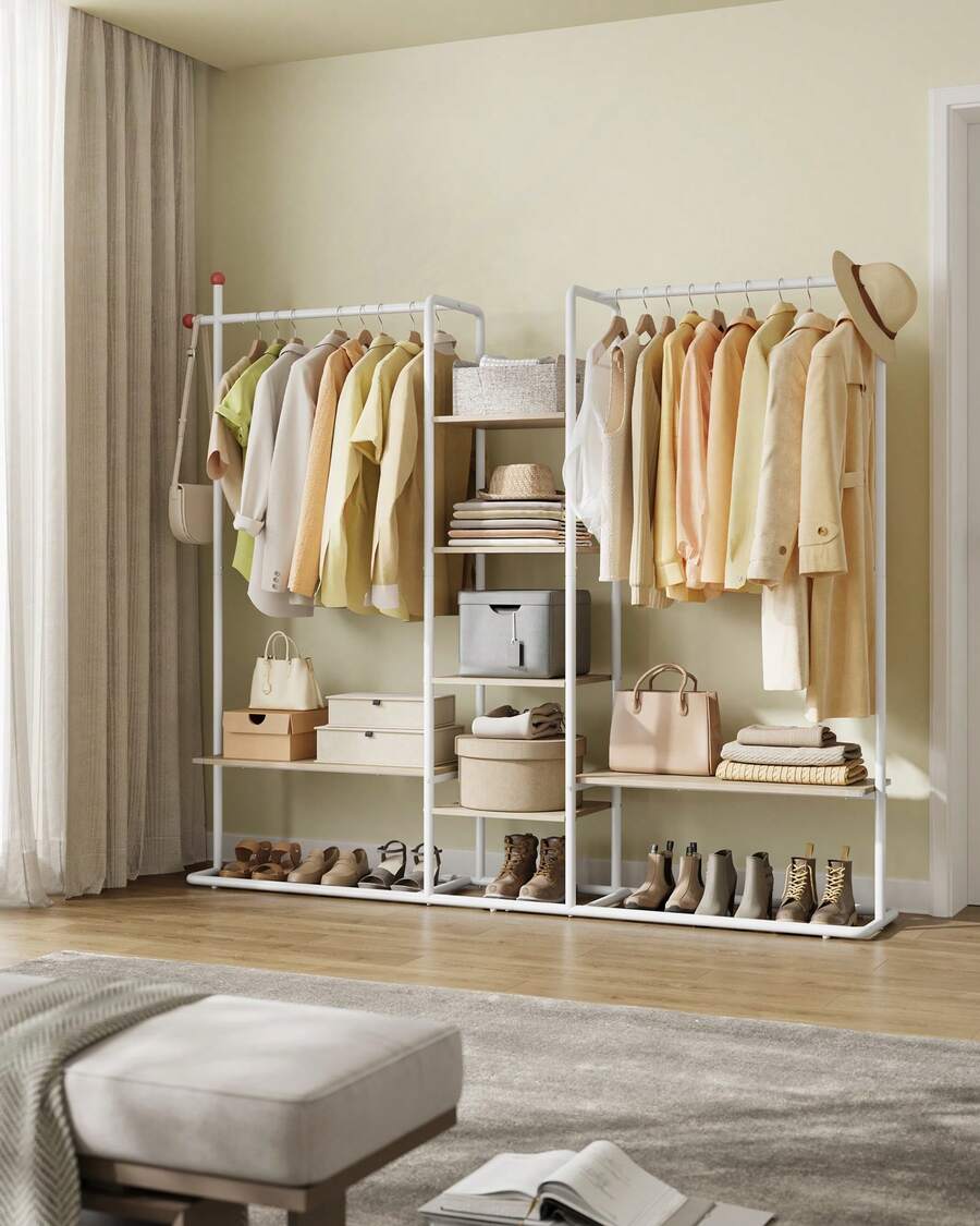 Clothes Rail, Clothes Rack With Shoe Shelf, Heavy-Duty Storage Rack, 6 Storage Shelves, 2 Hanging Rails, Matchstick-Shaped Hooks, Natural Beige And Matte White - White - View 1