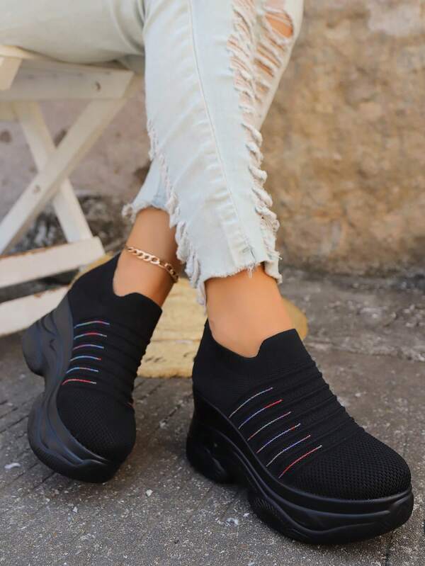 Cross-Border Women Sneakers, Breathable Non-Slip Casual Fashion Comfortable Slip-On Knitted Wedge Platform Shoes, Striped, All Season