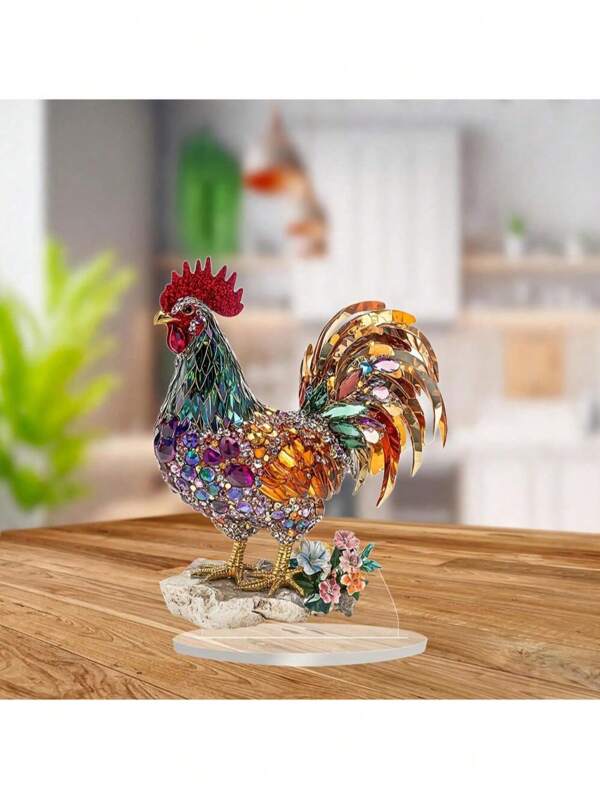 2 Or 1 Pc Colorful Rooster Statue Decoration, DIY Diamond Flower Design With Floral Decor, Multicolor Crystal Chicken Sculpture, 2D Acrylic/Versatile Tabletop Ornament, Suitable For Home, Office, Hallway, Bedroom, Ideal Gift For All Occasions