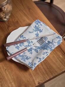1/4/6/12 件法式优雅复古蓝白玫瑰花朵印花矩形餐巾，节日派对生日装饰，适合所有季节家居装饰