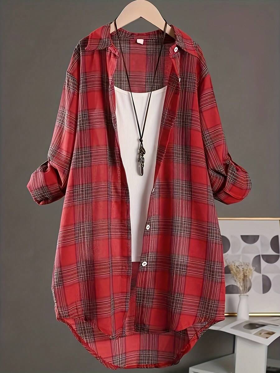 Plus-Size Women's Wear, Loose Mid-Length Cotton And Linen Checkered, Versatile Casual And Everyday Shirts - Đỏ - Xem 1