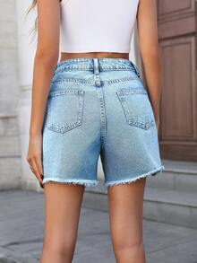 Mobula Sound# 夏季百搭休闲时尚音乐节拉链直筒牛仔磨边短裤女款 - 中藍色 - 查看 6