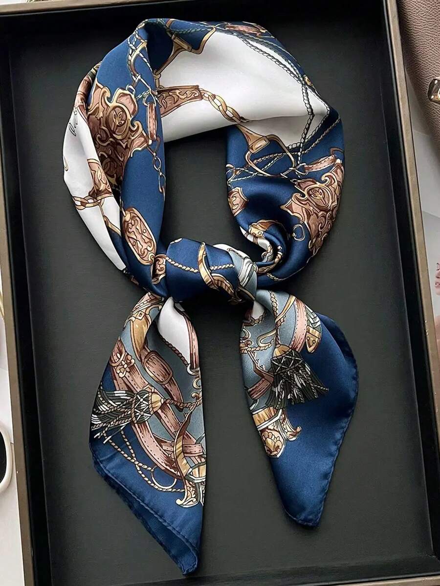 1条70*70厘米方形丝巾，女士缎面印花头巾，可作包巾、头带、发带、披肩、围巾、围巾、头巾，时尚女士发饰，适合搭配连衣裙。 - 藏青鏈條 - 查看 1