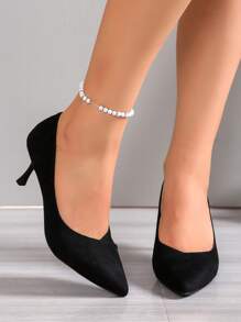 New Classic Black Mid-Heel Office Lady Pumps, Suede Pointy Toe High Heel Shoes, Fashion Summer Work Shoes For Women