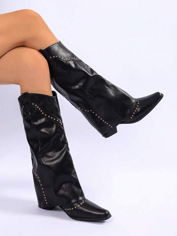 Botas altas con remaches en estilo retro, botas vaqueras occidentales estilo francés versátiles con tacón grueso para mujeres, adecuadas para personas de baja estatura