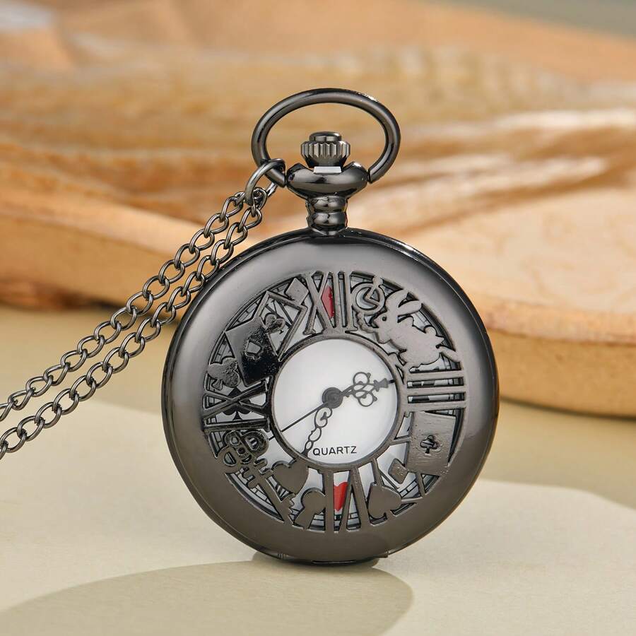 New Hollow Flower, Rabbit, Playing Card, Vintage Palace Style Pocket Watch Chain, Material Upgraded Version, Great Gift For Friends - Black - View 1