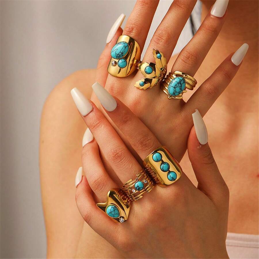VKHK 1pc 18K Gold Plated Stainless Steel Turquoise Decor Open Ring, Suitable For Women's Daily Wear & Wedding, Gift