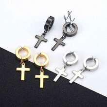 1 对男士个性化十字架吊坠（无耳孔）、假耳环、耳夹 - 黑色 - 查看 4