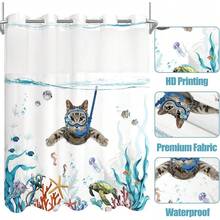 New Fowocu No Hook Shower Curtain  Snap In Liner Funny Cat Nautical Shower Curtains For Bathroom Teal Blue Sea Ocean Octopus Starfish Turtle Anchor Fish Waterproof Fabric Bath Curtain Dr 71*74In - 藍色2 71吋寬 x 74吋長(1包) - 查看 6