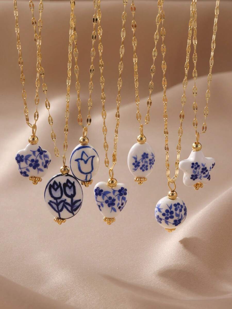 1pc Vintage Style Porcelain Pattern Multi-Element Heart & Flower Pendant Necklace, Suitable For Women Everyday Wear - Multicolor - View 1