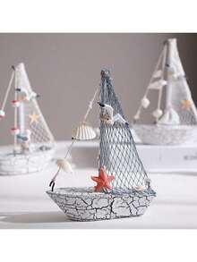 1pc Wooden Sailboat Ornament Nautical Beach Coastal Style Decoration With Seashell Net Lighthouse Starfish Seagull Wheel Random Design Mini Boat Figurine For Home Shelf Desktop Tabletop Bathroom Decor Gift - Multicolor - View 11