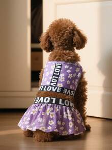 2件套宠物夏季紫色雏菊网纱套装，狗狗爱心编织吊带露脐上衣+百褶裙套装 - 紫色 - 查看 2