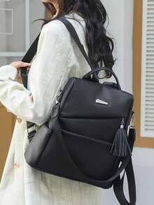 Stylish Women's Large Capacity Travel Backpack With Tassel Decor & Anti-Theft Protection, School Backpack - Black - View 4