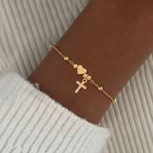 1 peça Nova Moda Coração Inicial Pave Zircônia Cruz Dourada Aço Inoxidável Contas Corrente Pulseiras Para Mulheres