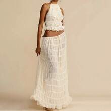 2pcs Women's Dress Suit Sexy Sleeveless Backless Cropped Halter Top And Pleated Long Skirt Beach Clothing - White - View 1