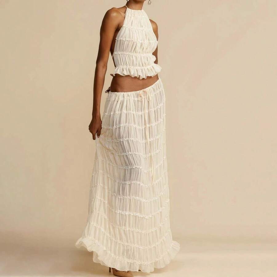 2pcs Women's Dress Suit Sexy Sleeveless Backless Cropped Halter Top And Pleated Long Skirt Beach Clothing - White - View 1