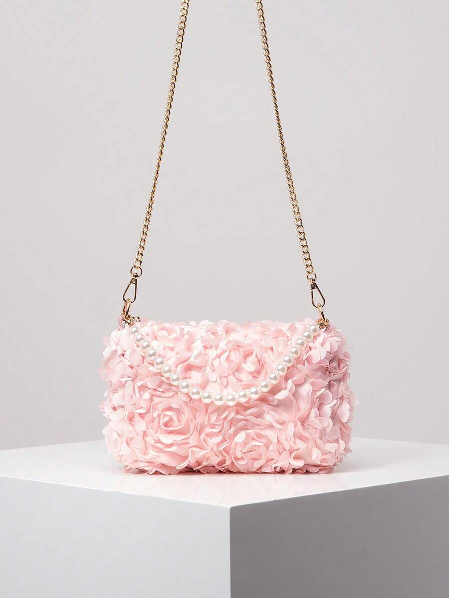 Elegant 3D Flower Handbag, Pearl Bag, Metal Chain Shoulder Bag, Prom Accessories, Prom Bag, Prom Dresses For Women, Elegant Bag For Women (Pattern Random) - Pink - View 1
