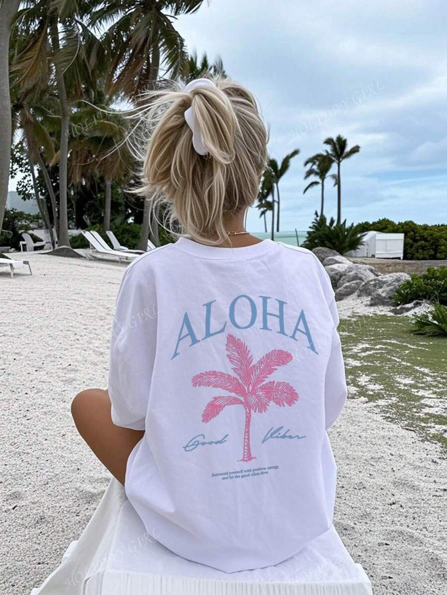 Nuevas camisetas de manga corta con cuello redondo de estilo casual diario con estampado de eslogan de palmeras para damas en primavera y verano. Estilo vacacional de moda, una necesidad diaria. Camisetas gráficas para mujer en blanco, negro y rosa, atuendos para vacaciones