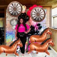 7pcs Western Cowboy Theme Horse Carriage Wheel Aluminum Foil Balloon Set, Irregular Brown Horse & Carriage Wheel Aluminum Foil Balloons, Suitable For Birthday Party, Theme Party, Anniversary, Equestrian Race, Retro, Outdoor Events, Holidays Decoration