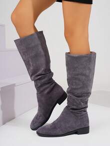 2025 新款皱褶天鹅绒弹力修身时尚靴子，别致百搭的时尚过膝中筒靴