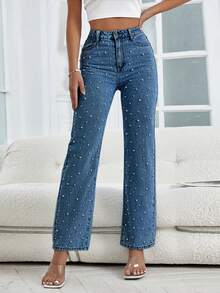 Distressed Pearl Embellished Straight-Leg Jeans - Rửa tối - Xem 1