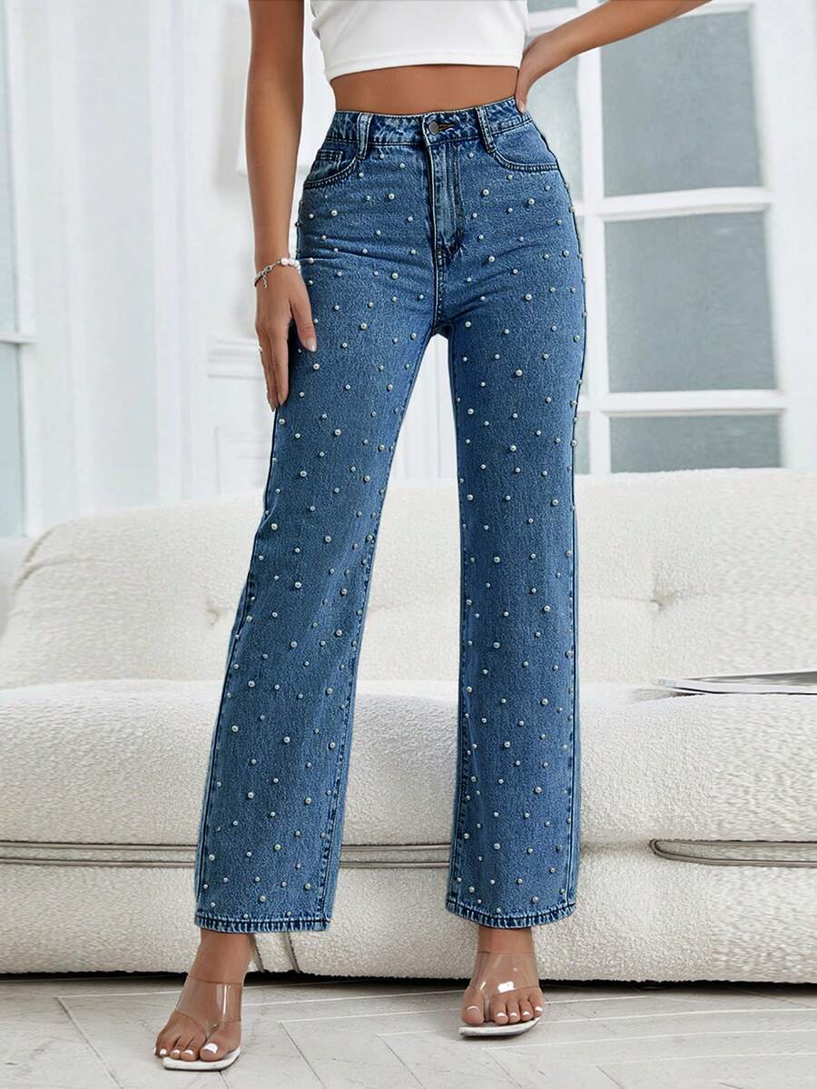 Distressed Pearl Embellished Straight-Leg Jeans - Rửa tối - Xem 1