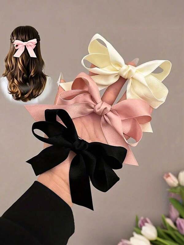 3pcs Sweet & Chic Bowknot Hair Clips In Beige, Pink, And Black - Cute Fabric Hair Accessories For Women & Girls, Perfect For Casual Attire Or Vacation Claw Clips Hair Claws Hair Barrettes