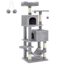 Árbol para Gatos de 191 cm de Altura, Rascador para Gatos con 5 Postes, 2 Plataformas, 2 Cuevas, Hamaca, 2 Pompones, Felpa Multicapa, Gris Claro - Gris Claro - Ver 7