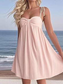 Vestido curto casual de senhora, cor lisa, plissado, com alças finas, para férias - Baby Rosa - Ver 2