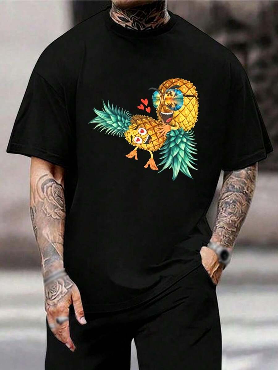 Camisa hawaiana divertida de piña - Camiseta tropical de verano con fruta para parejas, hombres y mujeres - Regalos de camiseta de piña a juego - Negro - Ver 1