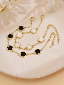 2 chiếc Vòng tay nữ thiết kế hoa cỏ ba lá 5 cánh màu đen và trắng đơn giản, thời trang, đa năng và thanh lịch cho mùa hè - màu đen - Xem 3