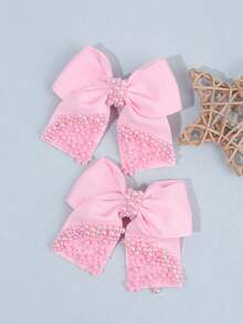 2PCS Fashion Trailing Rose Decorated Bow Girl Hair Clip, Pearl Decorated Solid Color Hairpin Is The Perfect Choice For Giving Children Birthday Gifts