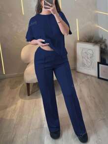2pcs Women Plus Size Set, Casual Loose Fit Solid Color Short Sleeve Top With Elastic Waist Pocket Pants, Spring/Summer
