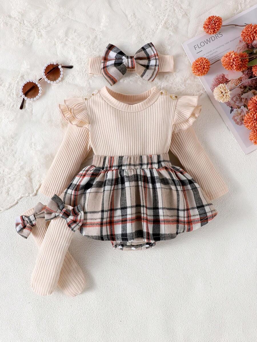 1pc Infant/Toddler Girls' Cute Long Sleeve Patchwork Ribbed Romper, Lightweight For Spring/Autumn - Khaki - View 1