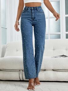 Distressed Pearl Embellished Straight-Leg Jeans - Rửa tối - Xem 2
